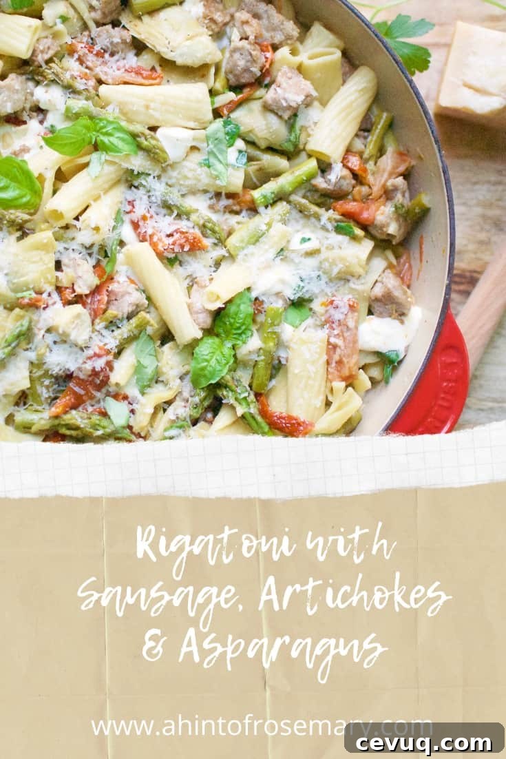 Rigatoni with Sausage, Artichokes & Asparagus