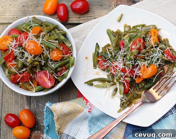 Finished Warm Italian Green Bean Salad on a plate and in a bowl.