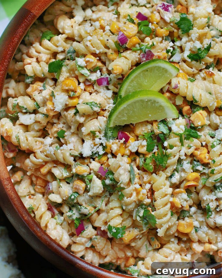 Mexican Street Corn Pasta with cool mayo & sour cream chile lime dressing