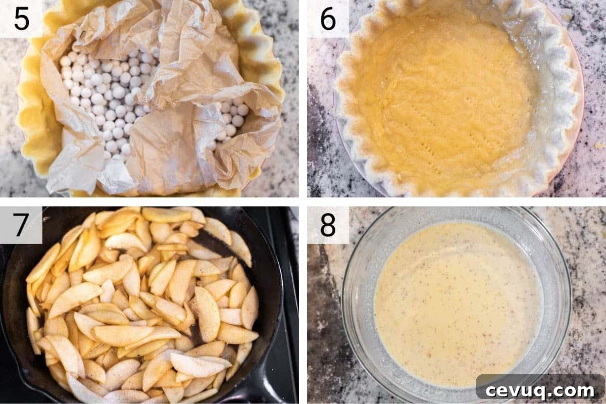 process shots of baking pie crust before cooking apples and making custard
