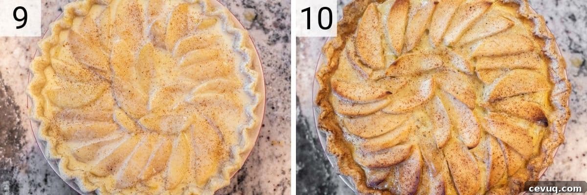 process shots of adding apples and custard to pie and baking
