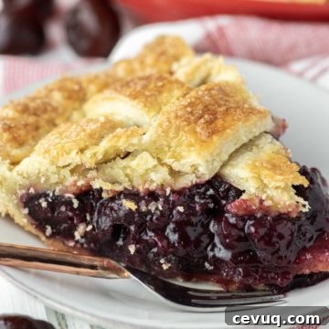 slice of homemade cherry pie on white plate with fork