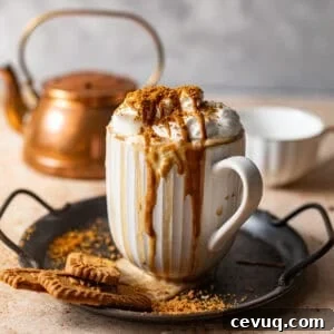 cookie butter latte on a plate with crushed biscoff cookies and melted cookie butter on top.