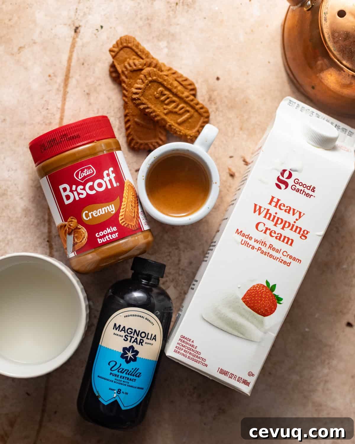 ingredients to make cookie butter latte - heavy cream, whole milk, espresso, cookie butter spread, cinnamon, and vanilla extract.