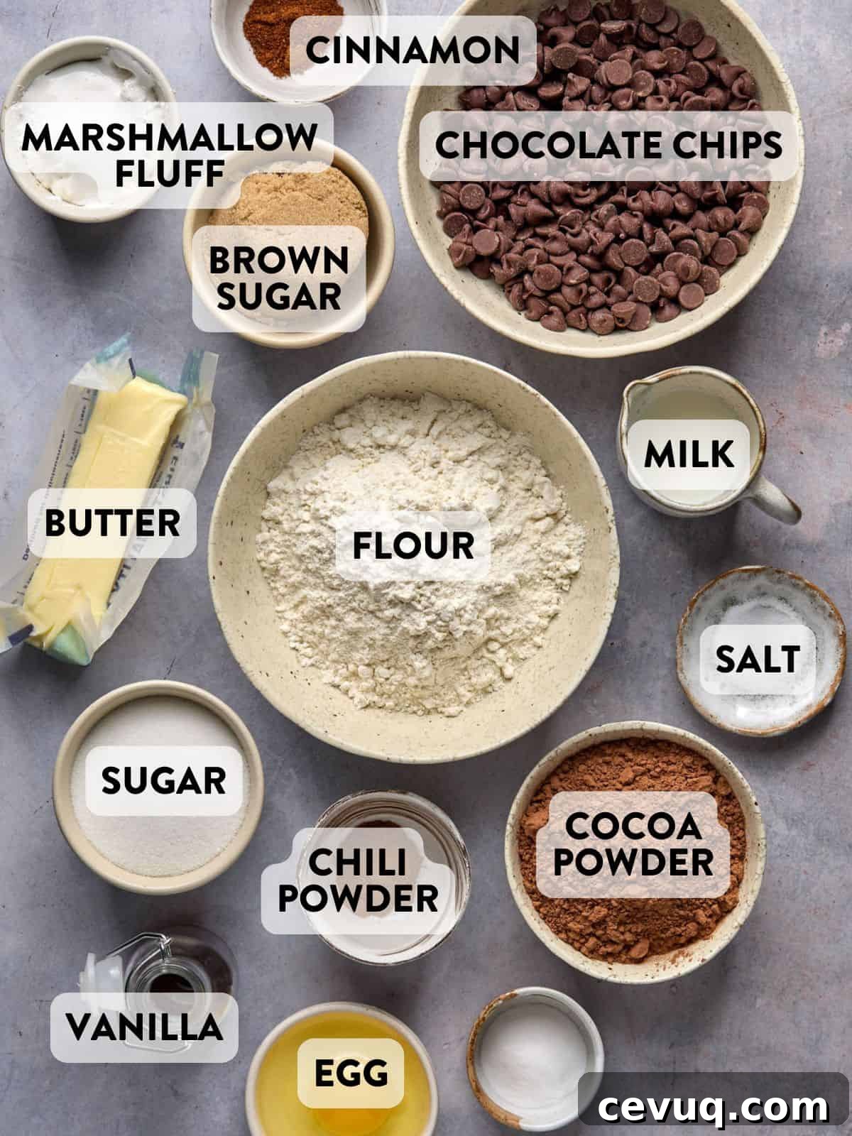 ingredients for mexican hot chocolate cookies on a counter.