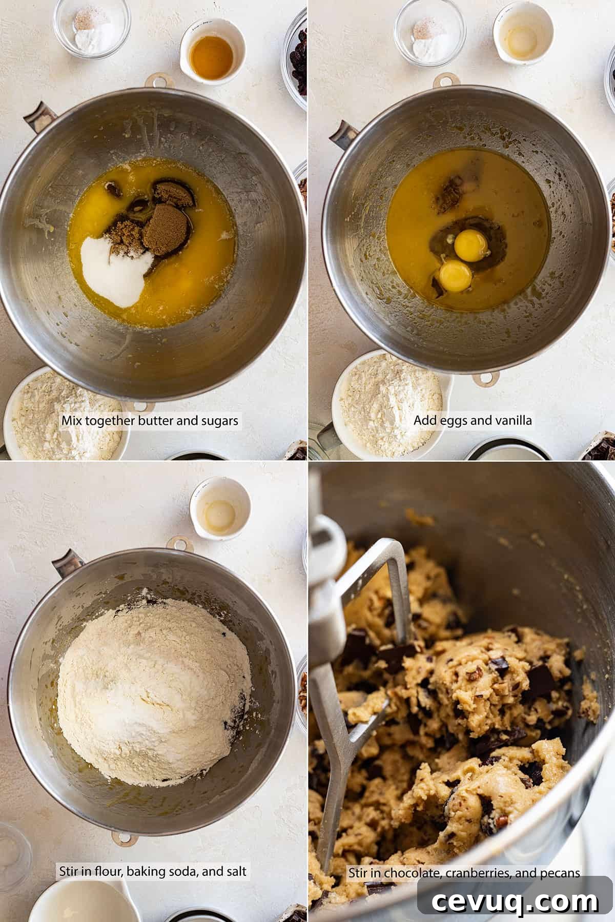 Dark Chocolate and Cranberry Cookies — Rich Chewy Recipe 4 Four pictures showing how to mix up the dough for these dark chocolate cranberry cookies.