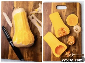 A butternut squash being peeled, next to a squash sliced in half with the seeds being removed.
