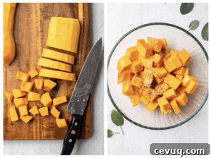 A peeled butternut squash being cut into strips and cubes, and a bowl with squash cubes being seasoned.