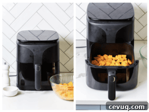 An air fryer shown being preheated and squash being added to the air fryer basket.