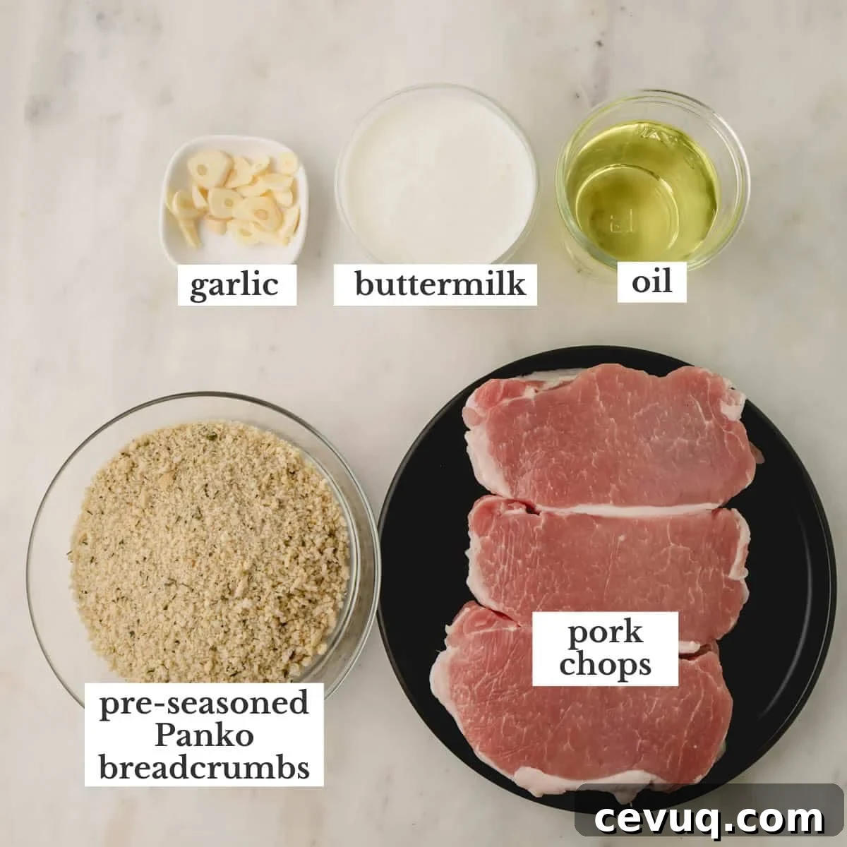 Pork chops, oil, buttermilk, garlic, and breadcrumbs to make pork strips.