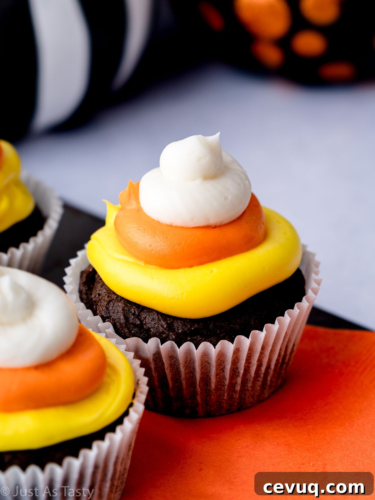 Candy Corn Cupcakes for Halloween: Festive Cupcake Recipe 4 Close-up of a candy corn cupcake.