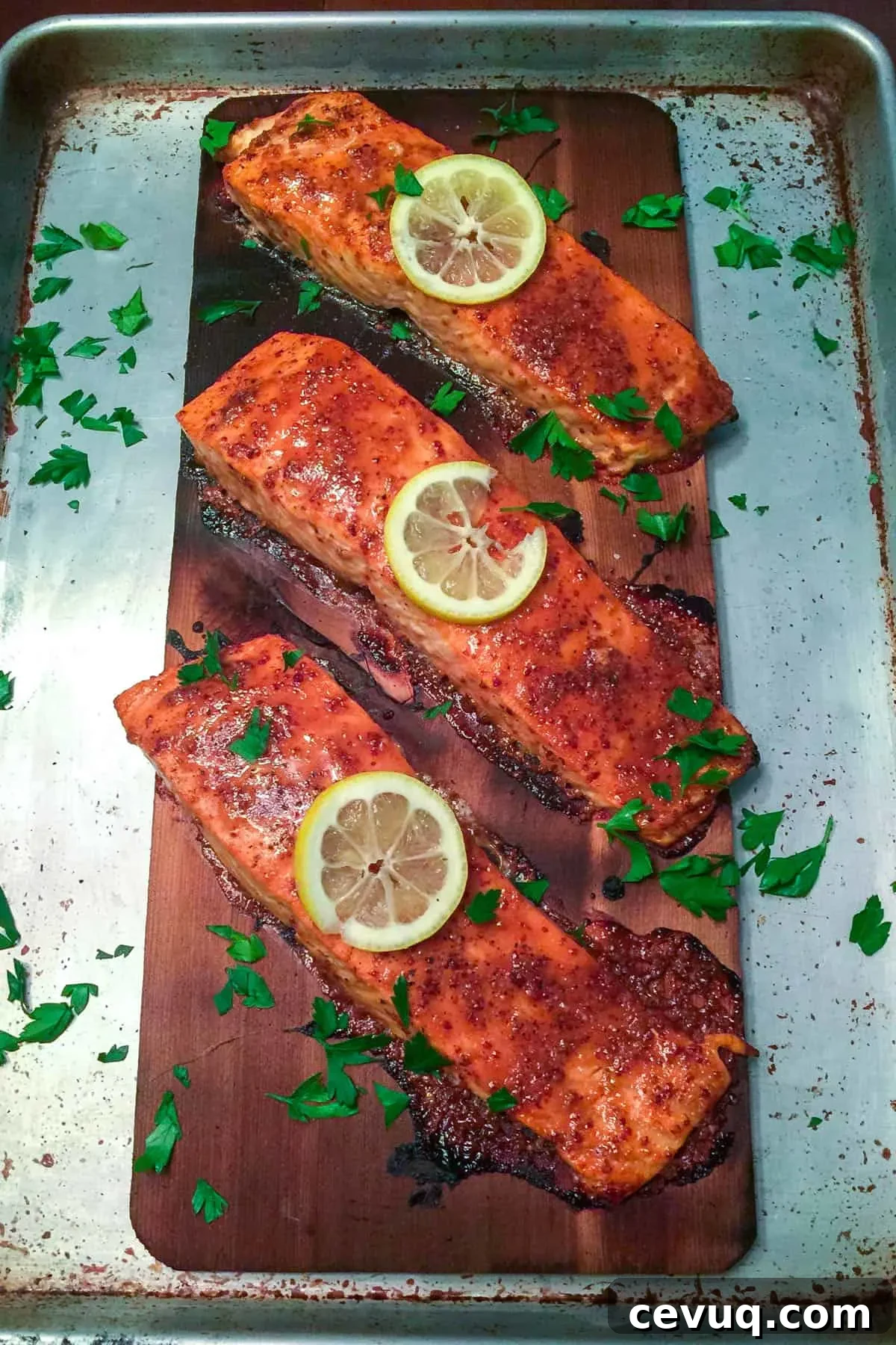 Finished cedar planked salmon garnished with lemon slices and chopped parsley.