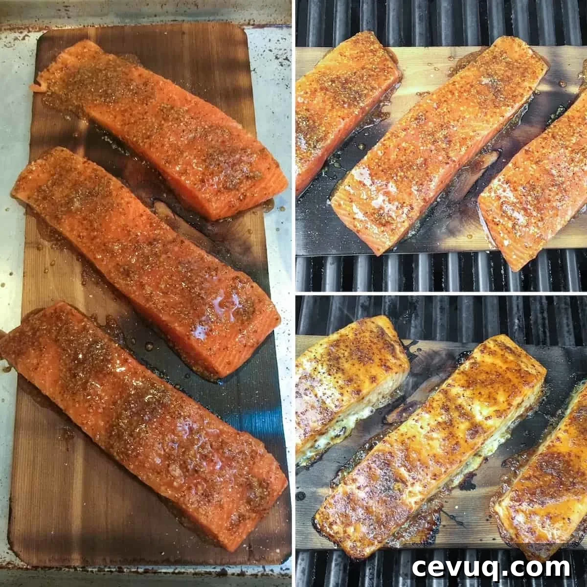 Three photo process collage, cooking salmon on cedar plank on grill.