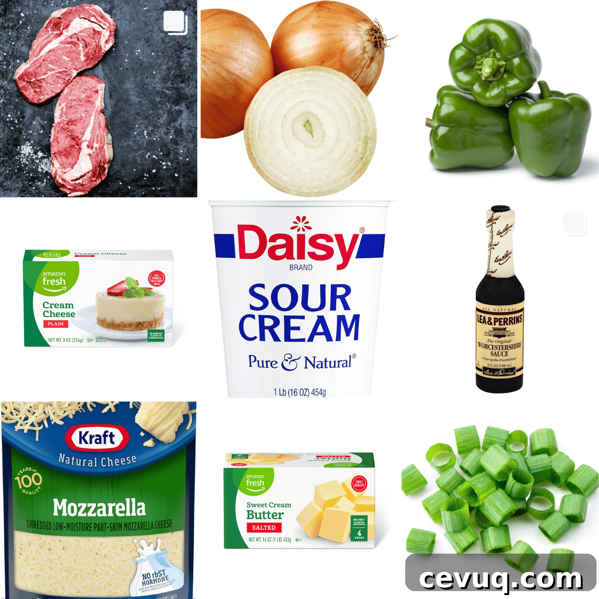 ingredients including ribeye steak, onion, bell pepper, cream cheese, sour cream, and mozzarella cheese.