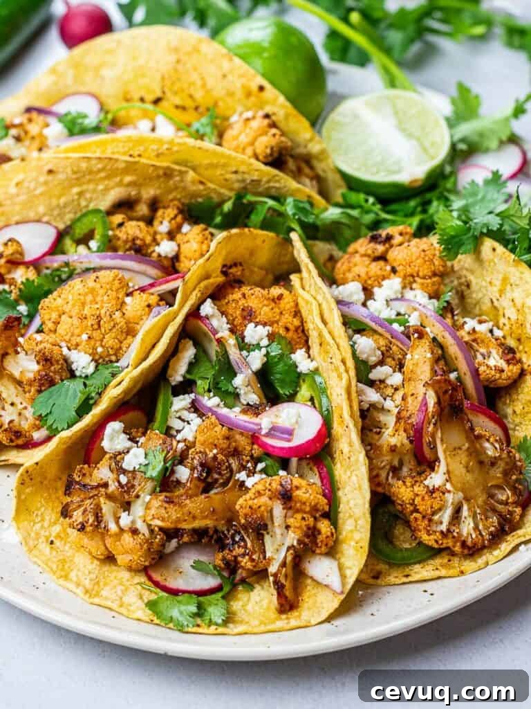 roasted chipotle cauliflower tacos with lime, radish, jalapenos in corn tortillas