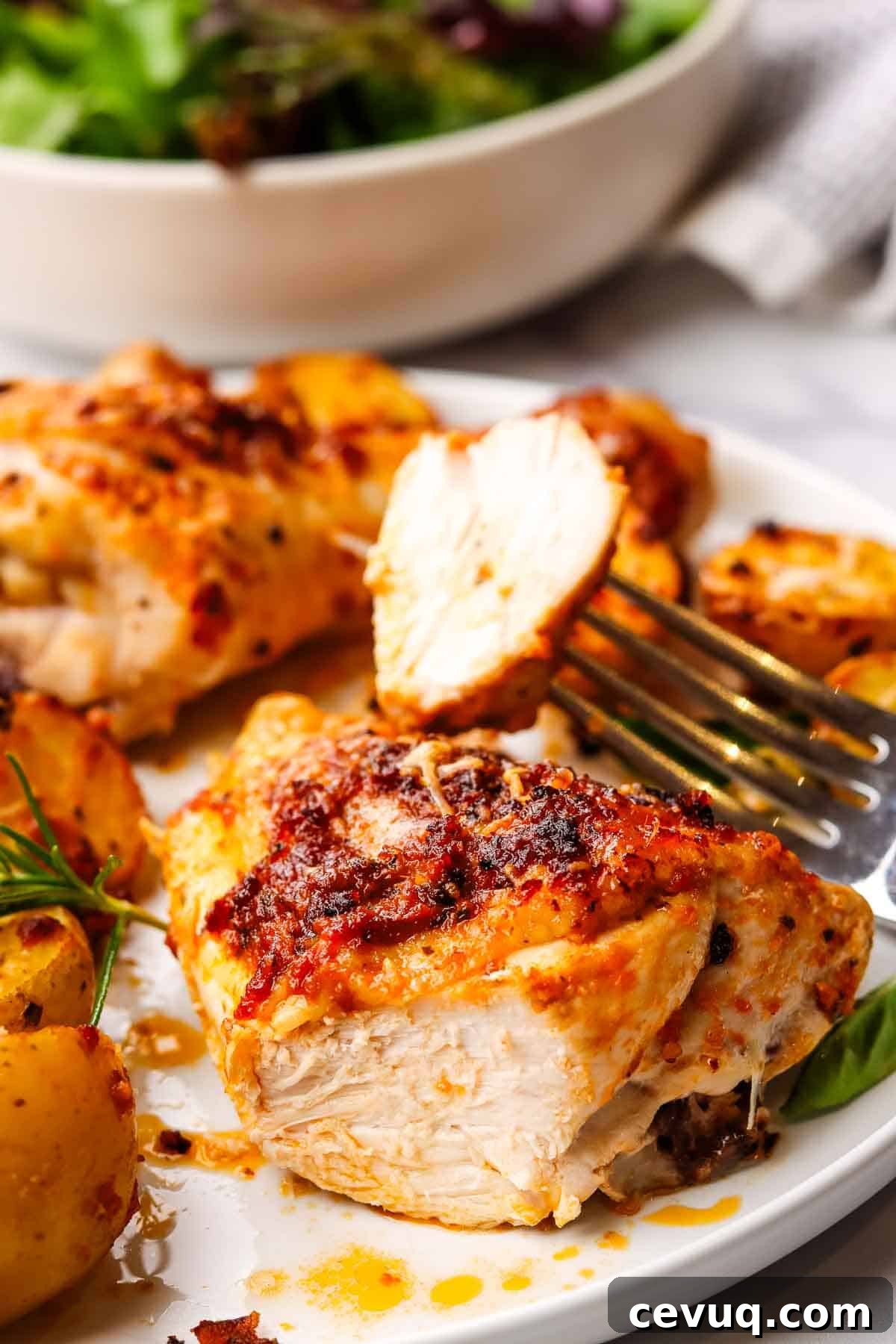 A sliced roasted chicken thigh with sun dried tomato pesto and potatoes on a plate.