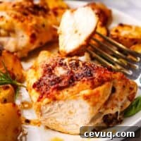 A sliced roasted chicken thigh with sun dried tomato pesto and potatoes on a plate.