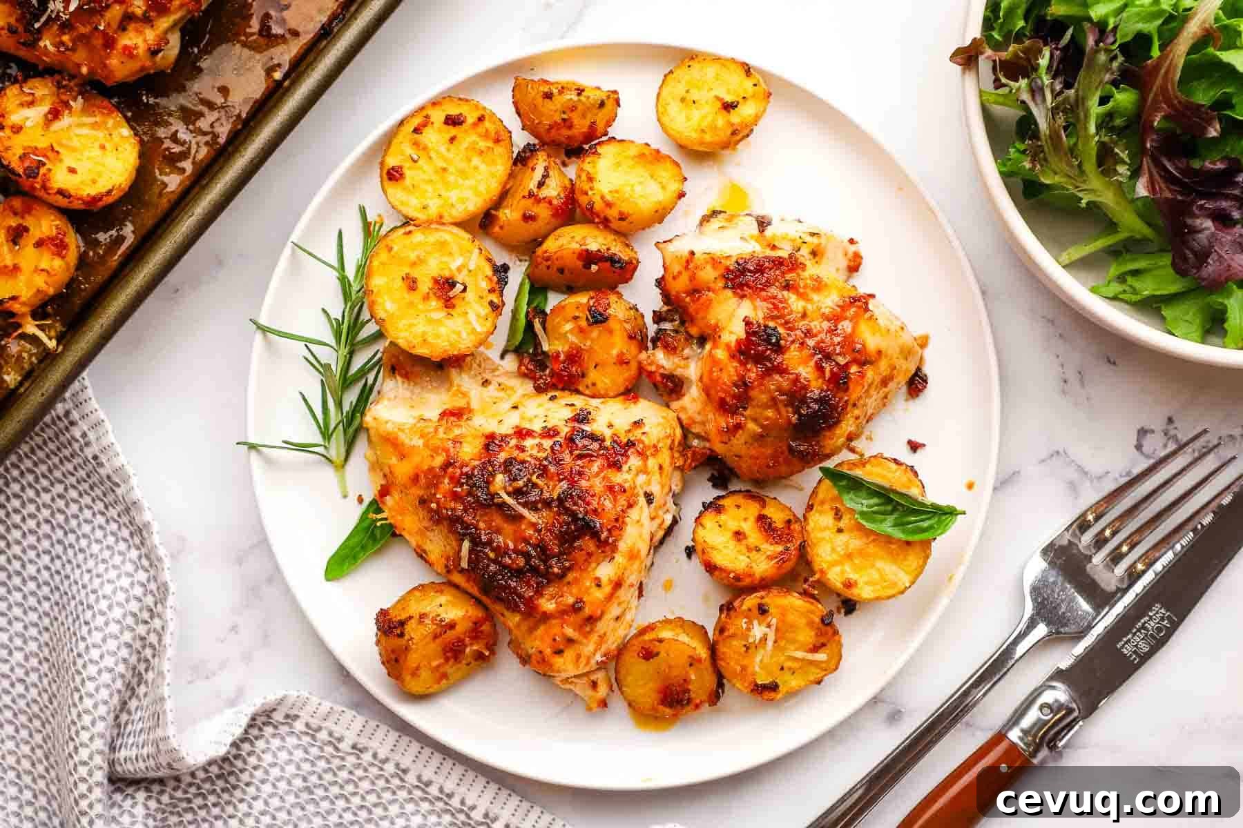 A plate with pieces of roasted sun dried tomato chicken and potatoes.