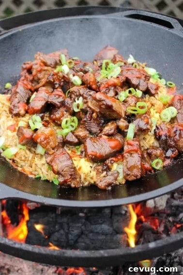 Garlic Teriyaki Steak Bites over a bed of fried rice ready to serve.