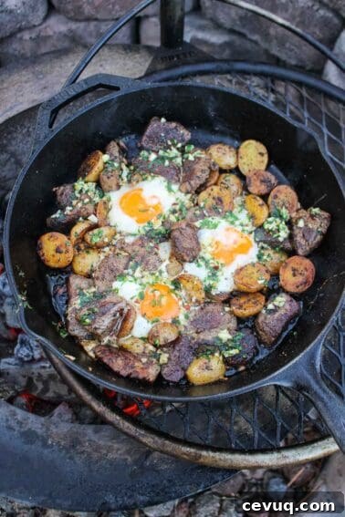Steak Bites with eggs and crispy potatoes.