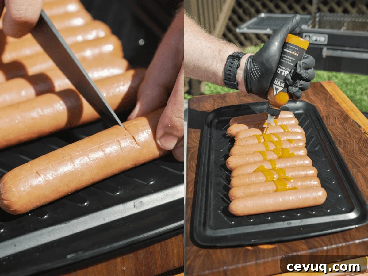 Scoring the hot dogs and adding FYR GLD sauce as the binder.