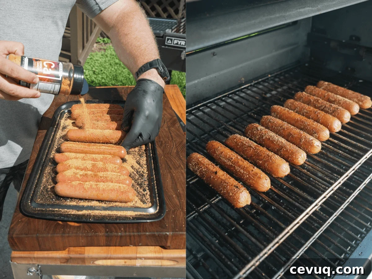 Seasoning the dogs before smoking.