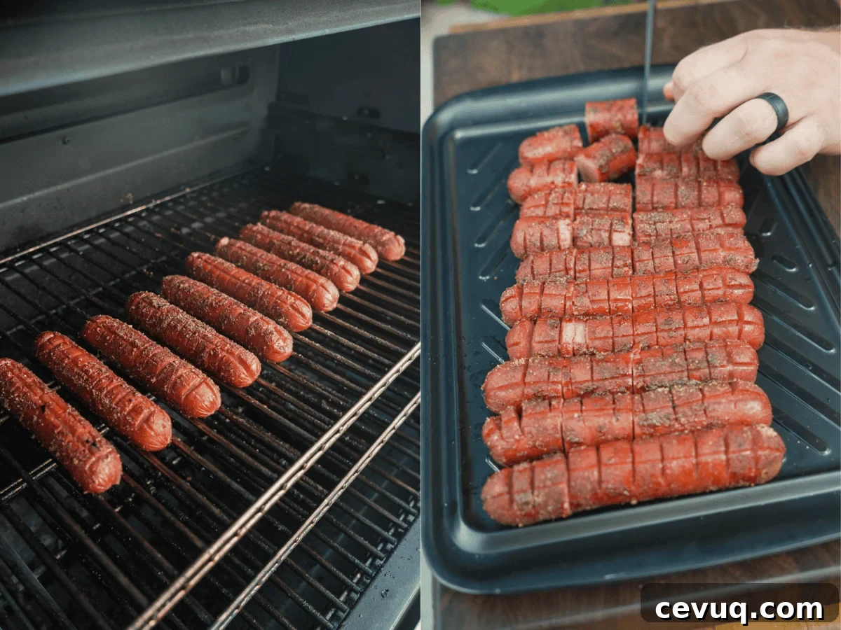 Slicing the smoked dogs before adding the bbq sauce.