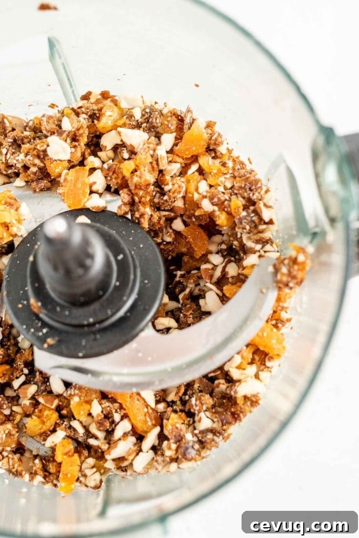 Apricots, dates and almonds blended in a food processor.