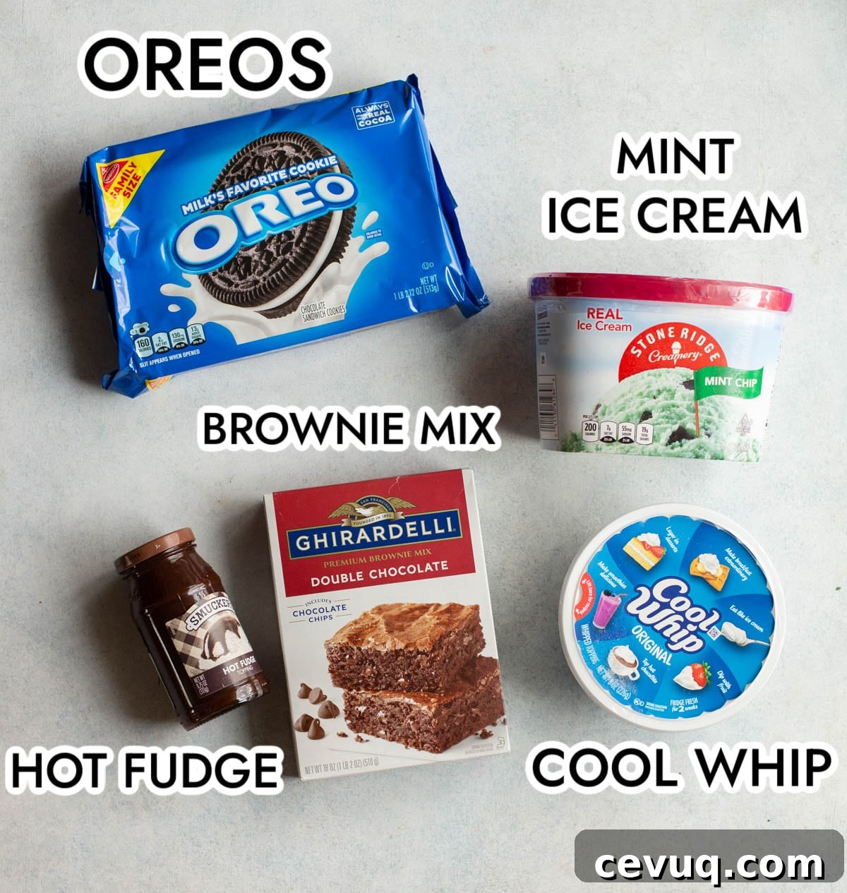 Mint Brownie Ice Cream Bars Recipe — Homemade Frozen Treats 9 Ingredients in Mint Brownie Ice Cream Bars with a gray background.