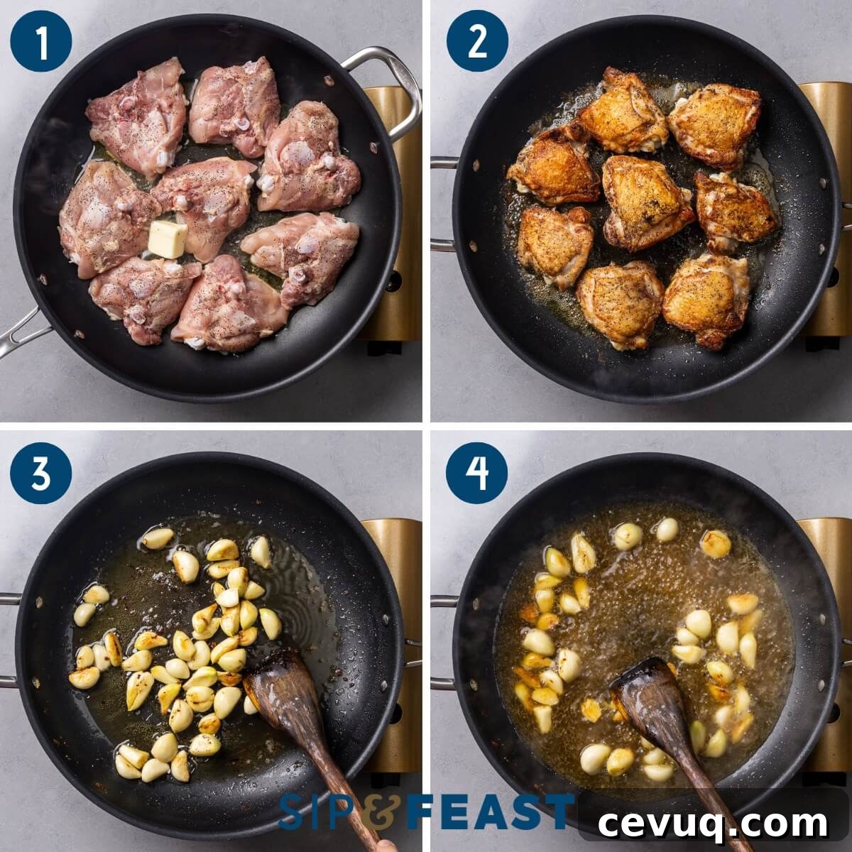 Garlic-Infused Roasted Chicken with 40 Cloves 5 Recipe process collage group one showing adding chicken thighs to pan with butter, browned chicken thighs, sauteing garlic in pan, and making the sauce.