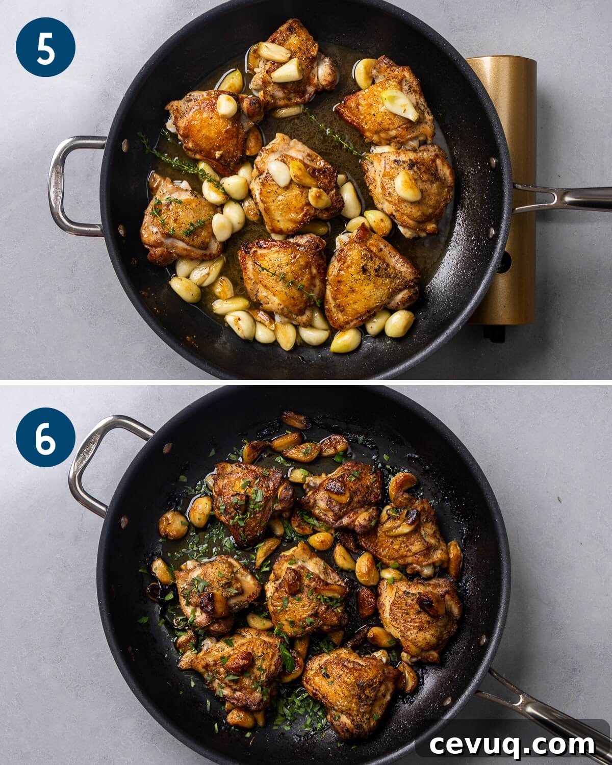 Garlic-Infused Roasted Chicken with 40 Cloves 6 Recipe collage two showing returning browned chicken to the pan and the finished dish with sprinkled tarragon.