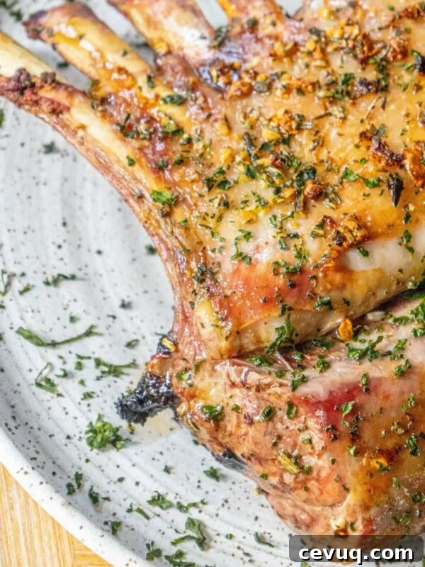 roasted rack of lamb with garlic and herb crust on a white speckled plate on a table