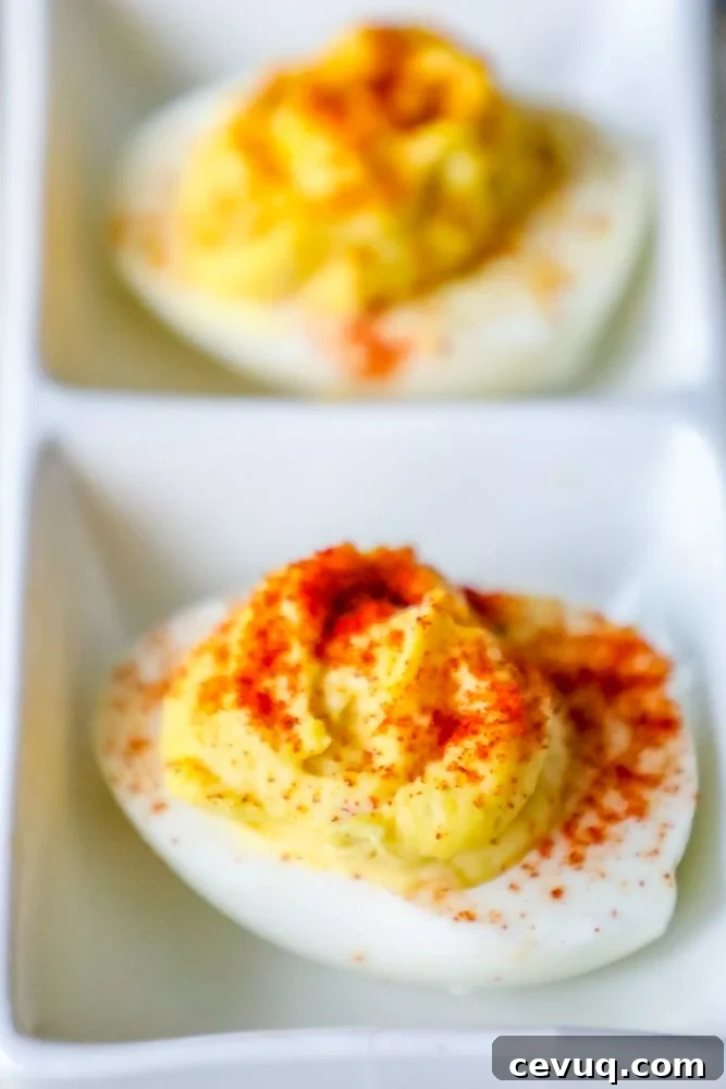 two deviled eggs with paprika sprinkled on top on a table