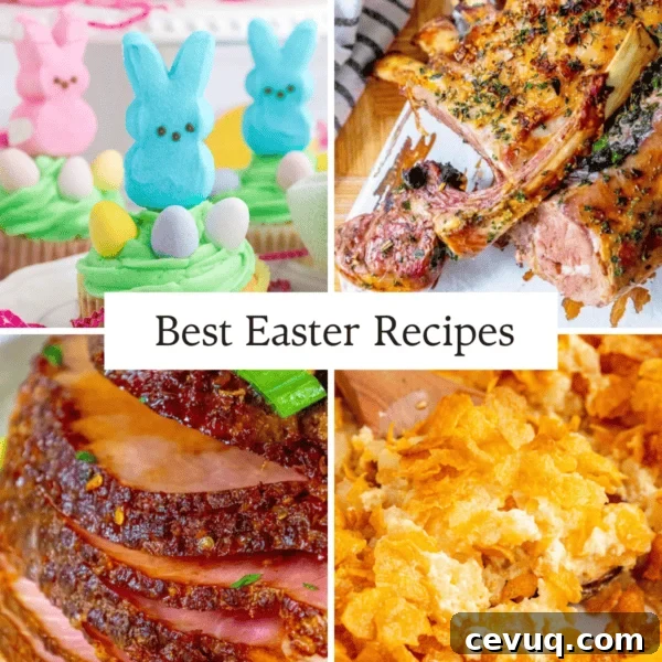 A collage featuring Easter cupcakes with marshmallow bunny toppers, roasted lamb, glazed ham, and a cheesy potato casserole with the text “Favorite Easter Recipes.”.