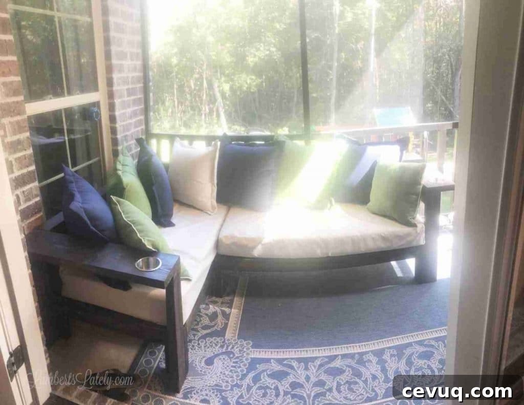 outdoor sectional sofa on a screened porch.