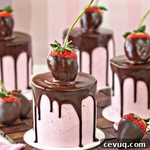 Chocolate-Covered Strawberry Mini Cake Recipe for Parties 11 Close-up of mini cake with pink strawberry buttercream, a chocolate drip, and a large chocolate strawberry on top.