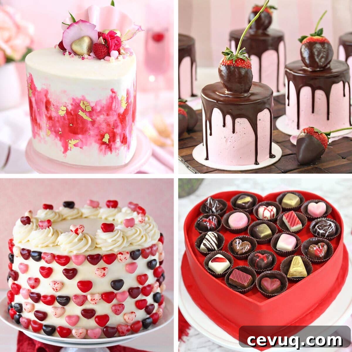 Chocolate-Covered Strawberry Mini Cake Recipe for Parties 12 Collage of 4 different Valentine's Day cake pictures.