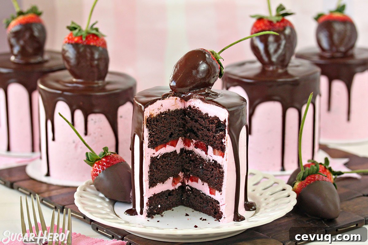 Chocolate-Covered Strawberry Mini Cake Recipe for Parties 3 Five Chocolate-Covered Strawberry Cakes, with the front one cut open to show the cake and buttercream layers inside.