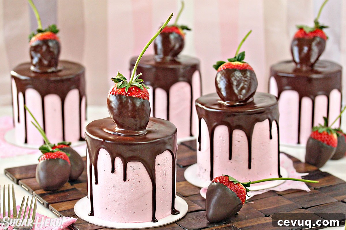 Chocolate-Covered Strawberry Mini Cake Recipe for Parties 6 Five Chocolate-Covered Strawberry Cakes on white cake boards, with chocolate-covered strawberries scattered around them.