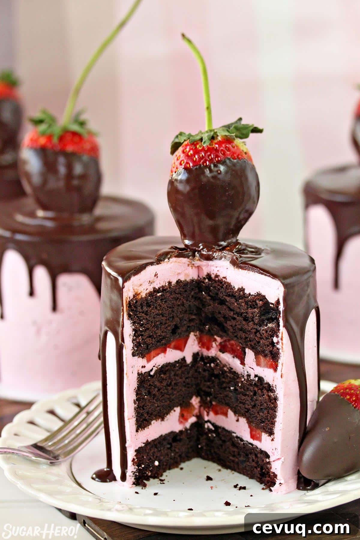 Chocolate-Covered Strawberry Mini Cake Recipe for Parties 8 Chocolate-Covered Strawberry Cake on a white plate, cut open to show the cake and buttercream layers inside.