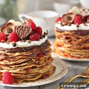 Chocolate-Covered Strawberry Mini Cake Recipe for Parties 10 2 Chocolate Raspberry Mini Crepe Cakes on gold edged plates next to gold forks.