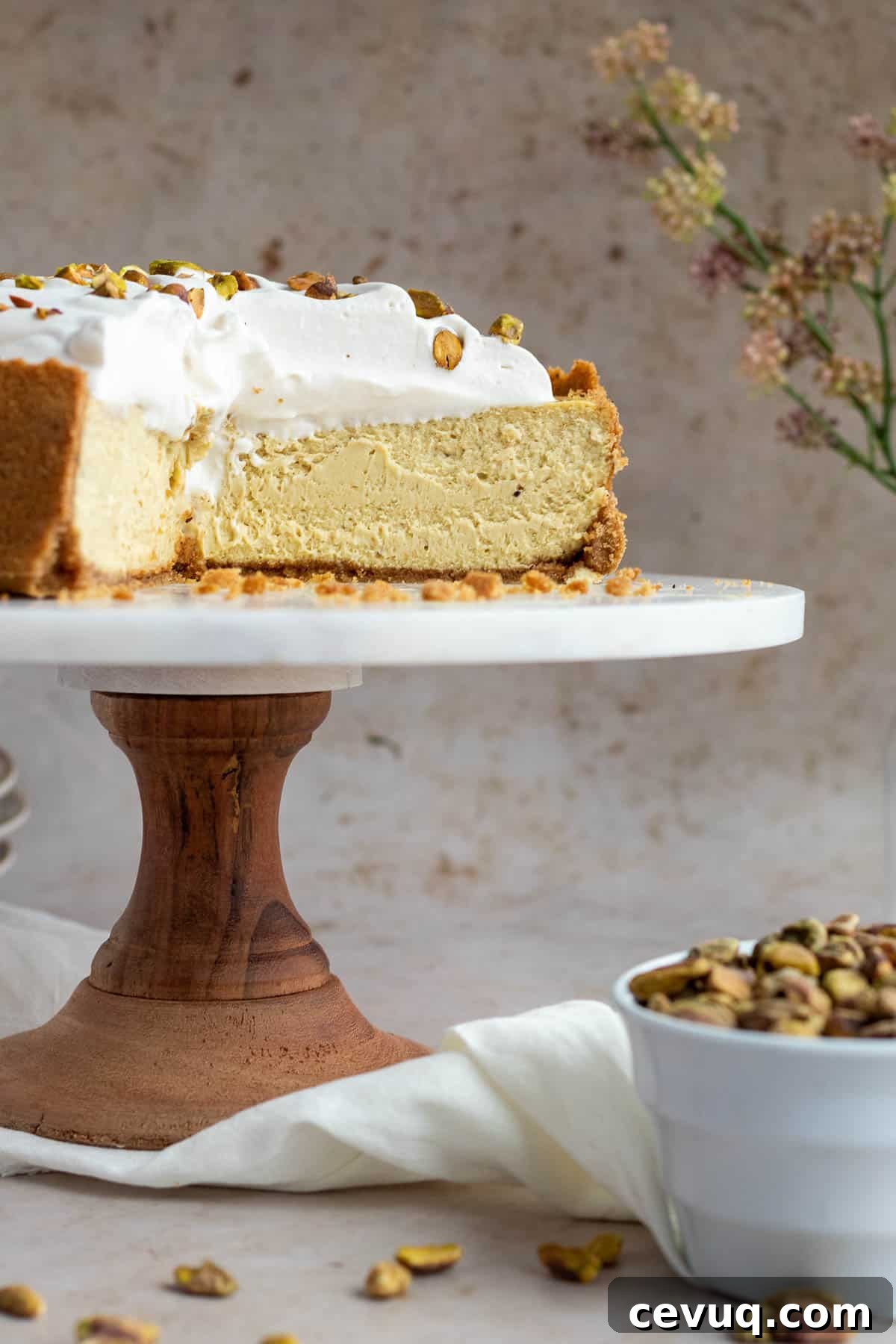 pistachio cheesecake on a wood and marble cake stand with a bowl of pistachios next to it