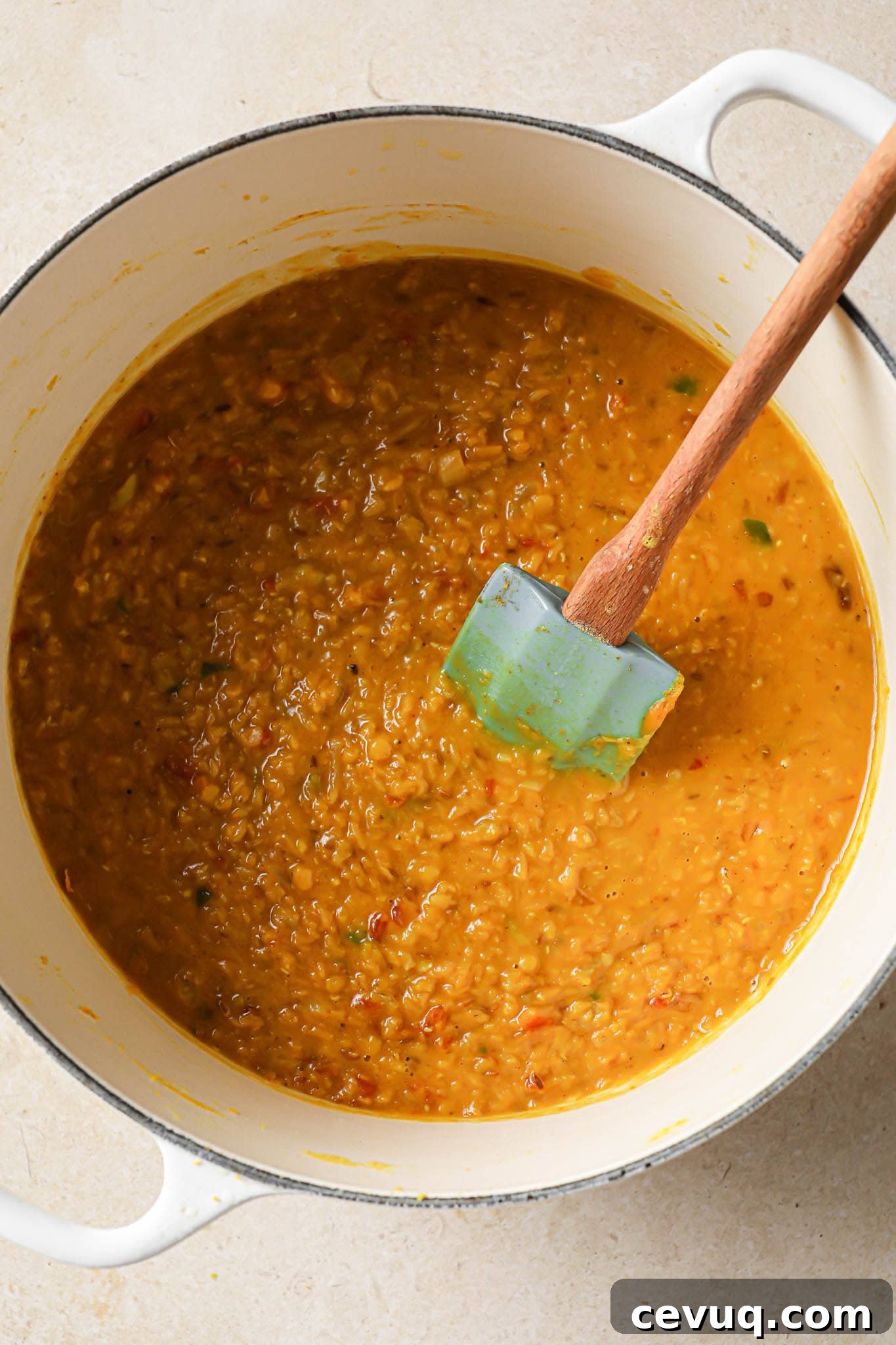 Cooked Masoor Dal in a Dutch oven.