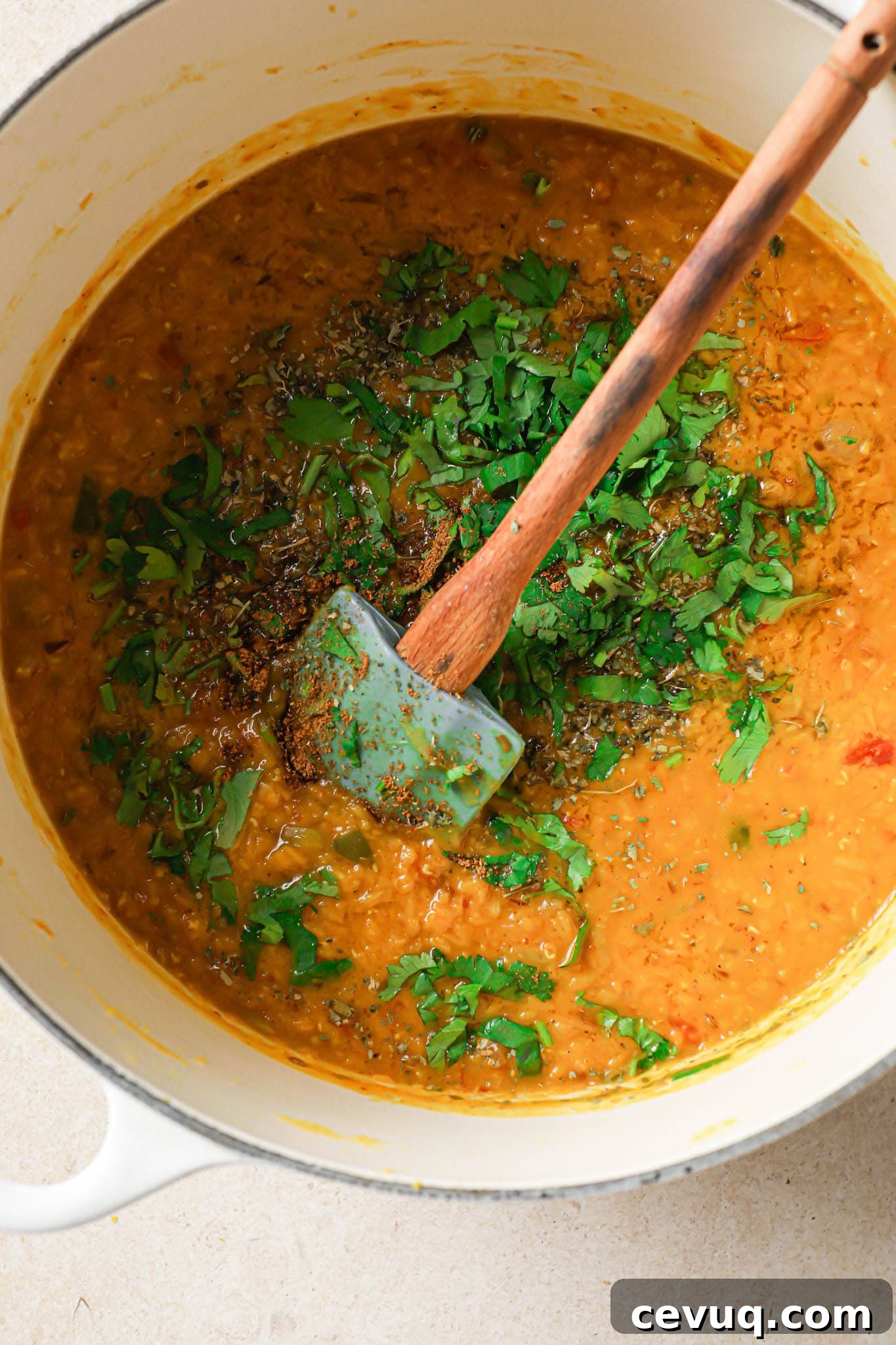 Masoor Dal garnished with cilantro.