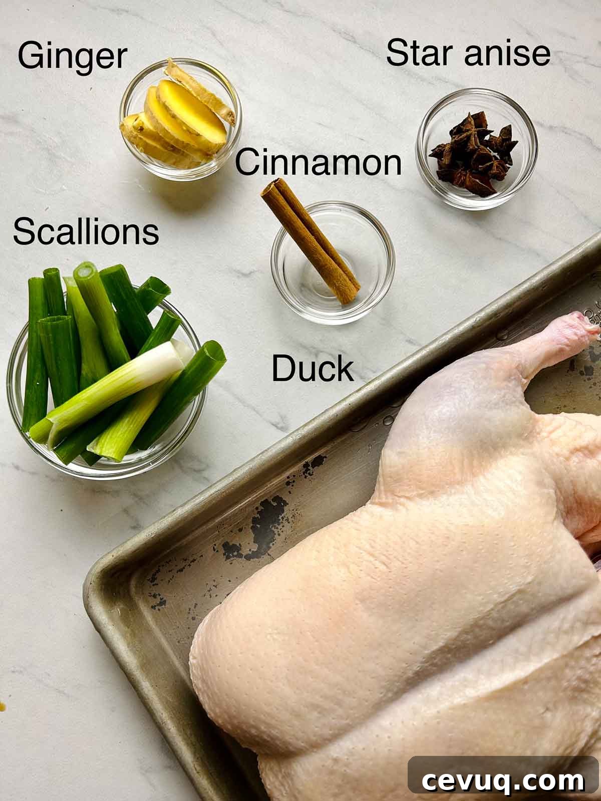 duck and aromatics in bowls