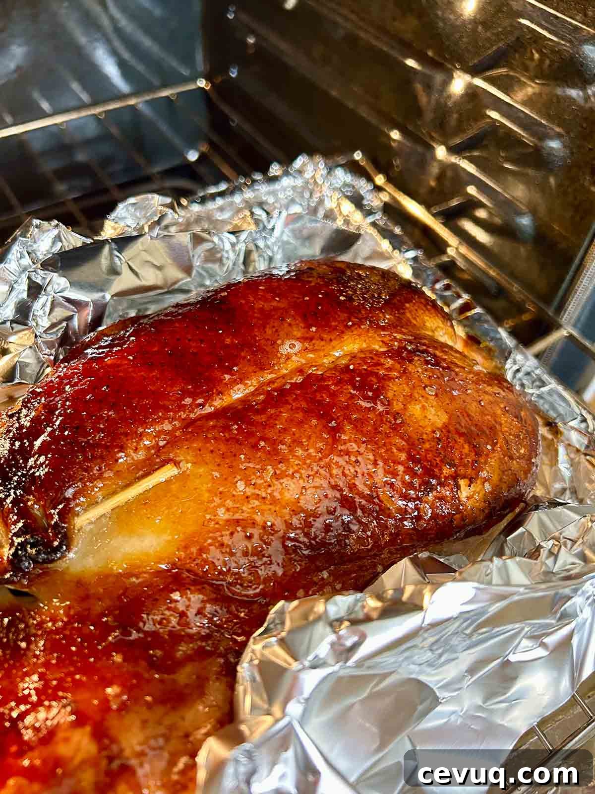 crispy brown skin on duck after being roasted for 40 minutes