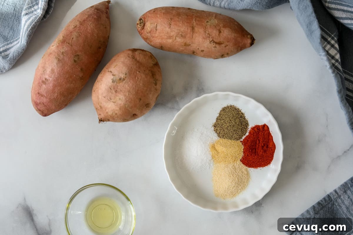 Ingredients needed to make Air Fryer Sweet Potatoes on counter. 