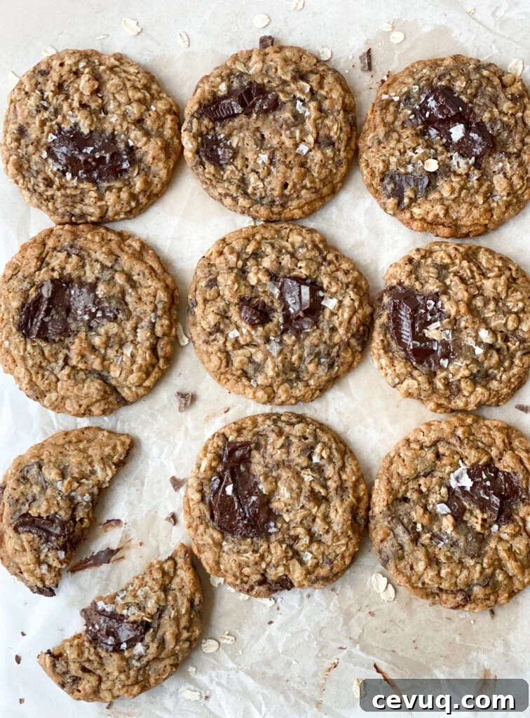 Chewy Oatmeal Chocolate Chip Cookies Recipe 2 Oatmeal cookies lined up with one broken in half.