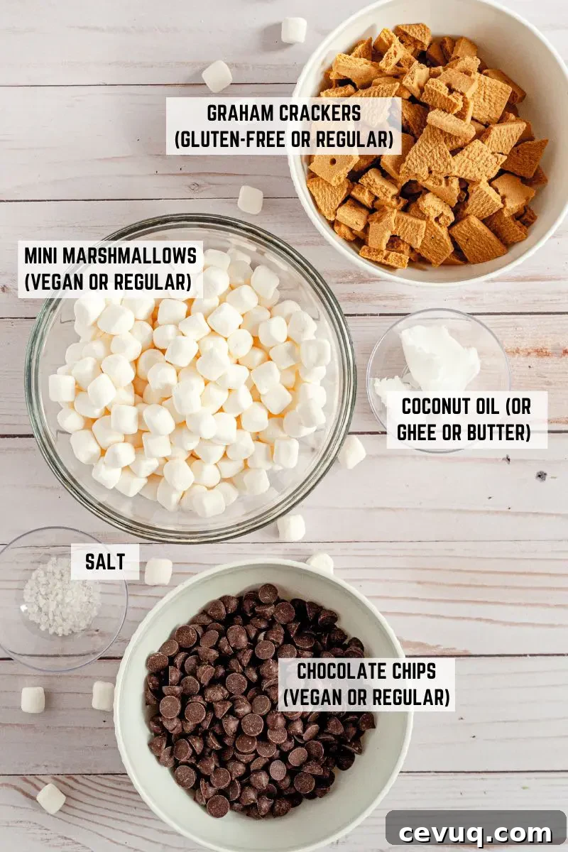 No-bake s'mores bars covered in rich dark chocolate with bright white mini marshmallows and golden graham cracker pieces.