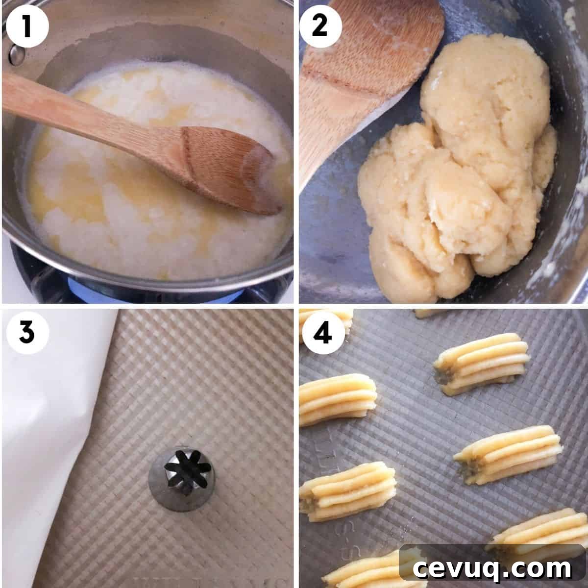 step by step guide showing how to make mini baked churros with a star tip